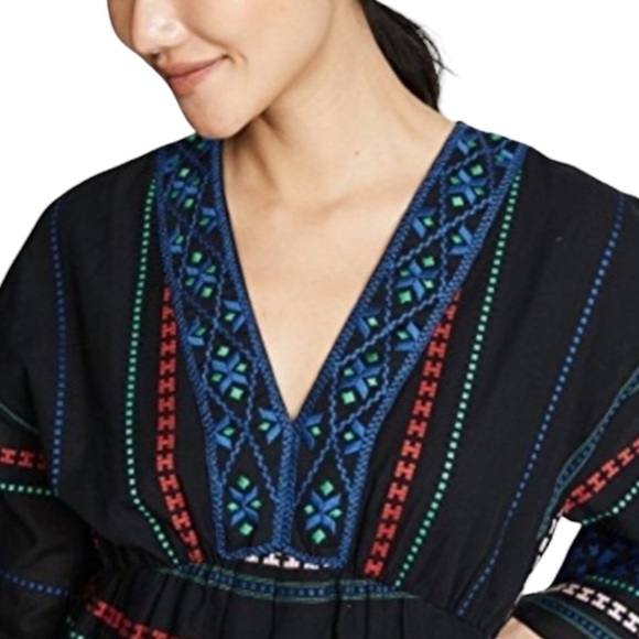 Joie Shada Black Embroidered V Neck Kimono Sleeve Cotton Boho Dress Women Large - Picture 2 of 14